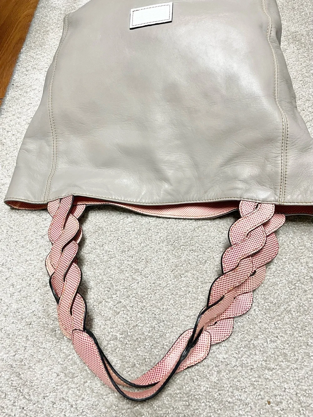 Elegant Gray Extremely Soft Leather Tote with Red Braided Strap